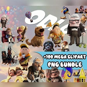 May include: A digital art bundle featuring characters from the animated movie "Up." The image includes various characters, a house, and the text "+100 MEGA CLIPART PNG BUNDLE."