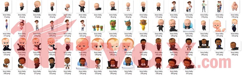 May include: A selection of cartoon images featuring the Boss Baby character. The images show the baby in different outfits and poses, including formal suits and casual attire. The images are in various colours and styles, suitable for children's products.