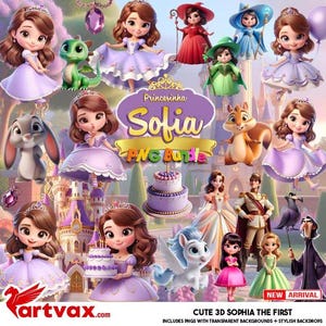 May include: A digital art bundle featuring the character Sofia the First, with various illustrations of Sofia, a dragon, a rabbit, a squirrel, a unicorn, and a cake. The text "Princesinha Sofia PNG Bundle" is visible.