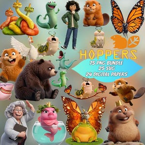 Puede incluir: Un vibrante paquete de arte digital con varios personajes de dibujos animados, incluyendo un oso, un castor y mariposas. La imagen también incluye una persona, un pez en un cuenco y el texto "HOPPERS". El paquete incluye 75 archivos PNG, 25 archivos SVG y 24 papeles digitales.
