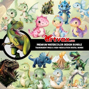 Könnte beinhalten: Eine Sammlung von Aquarell-Dinosaurier-Designs in verschiedenen Farben, darunter Grün, Rosa, Blau und Lila. Die Designs zeigen verschiedene Arten von Dinosauriern, darunter einen T-Rex, Triceratops und Babydinosaurier. Das Bild enthält auch den Text "artvax.com".