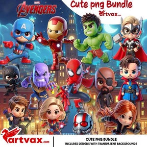 May include: A digital illustration featuring a collection of cartoon Avengers characters, such as Captain America, Iron Man, and Hulk. The image showcases various heroes and villains in a cute, chibi style. The text "Cute png Bundle" and "Includes designs with transparent backgrounds" is also visible.
