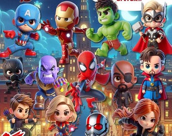Cute Baby Avengers PNG Bundle, Superheroes Cute Cartoon, Kawaii Avengers clipart, Birthday Decor, Party Invitations, Nursery Decor