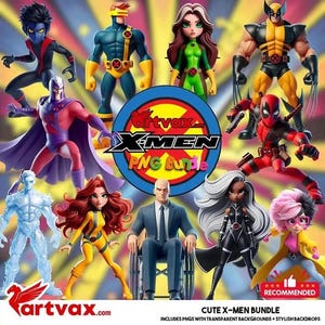 May include: A collection of stylized X-Men character figures, including Wolverine, Cyclops, and Storm. The image features a central circular logo with the text "X-MEN PNG Bundle" and the website "artvax.com". The phrase "Cute X-Men Bundle" is also present.