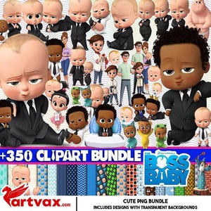 May include: A collection of cartoon images of babies dressed in suits and other outfits. The image includes the text "+350 CLIPART BUNDLE" and "THE BOSS BABY". The bottom of the image shows various patterned designs.