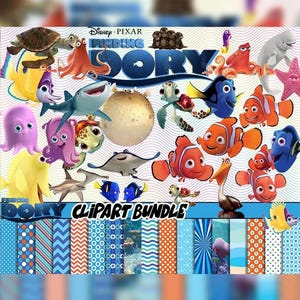 May include: A digital clipart bundle featuring characters from the Disney Pixar movie "Finding Dory." The image includes various sea creatures like clownfish, turtles, and octopuses, along with patterned backgrounds. The text "Finding Dory Clipart Bundle" is also present.