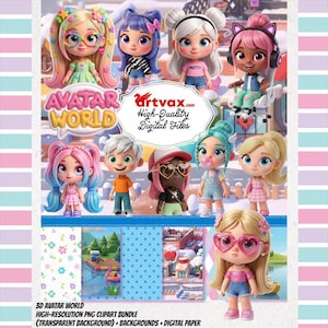 May include: A digital art bundle featuring cartoon avatars with various hairstyles, outfits, and accessories. The image includes the text "AVATAR WORLD" and "High-Quality Digital Files". The bundle also includes backgrounds and digital paper.