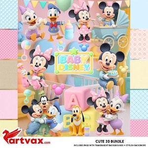 Puede incluir: Un colorido paquete 3D con personajes de Disney como Mickey y Minnie Mouse, Donald Duck y Daisy Duck. La escena incluye elementos temáticos para bebés como una cuna, biberones y el texto "BABY DISNEY". El fondo incluye varios patrones pastel.