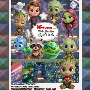 May include: A digital art bundle featuring 3D cartoon characters from Guardians of the Galaxy. The image includes Groot, Rocket, Gamora, and other characters, along with digital paper and backgrounds. The text reads "artvax.com High-Quality Digital Files".
