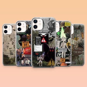 May include: A collection of five clear phone cases with unique collage designs. Each case features a different aesthetic, including newspaper clippings, vintage illustrations, and surreal imagery with the word "WARNING".