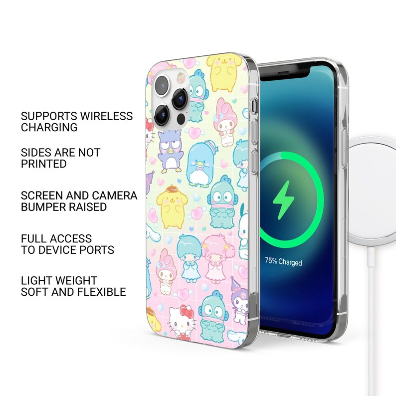 Puede incluir: Una funda transparente para tel&eacute;fono con un colorido dise&ntilde;o de personajes de dibujos animados. La funda se muestra junto a un tel&eacute;fono que se est&aacute; cargando de forma inal&aacute;mbrica. El texto de la funda dice: Admite carga inal&aacute;mbrica, los lados no est&aacute;n impresos, parachoques de pantalla y c&aacute;mara elevados, acceso completo a los puertos del dispositivo, ligero, suave y flexible.