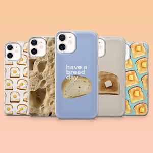 Może przedstawiać: Kolekcja etui na telefony z motywami pieczywa. Jedno etui przedstawia kromkę chleba z napisem "have a bread day". Inne etui wyświetlają obrazy tostów i tekstur chleba. Etui są w różnych kolorach.
