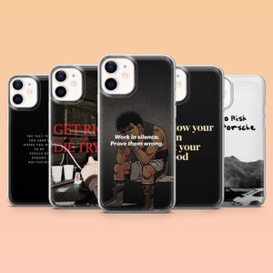 May include: A collection of phone cases with various designs. One case features a boxer with the text "Work in silence. Prove them wrong." Other cases display motivational quotes and images, including the words "GET RI OR DIETRY".