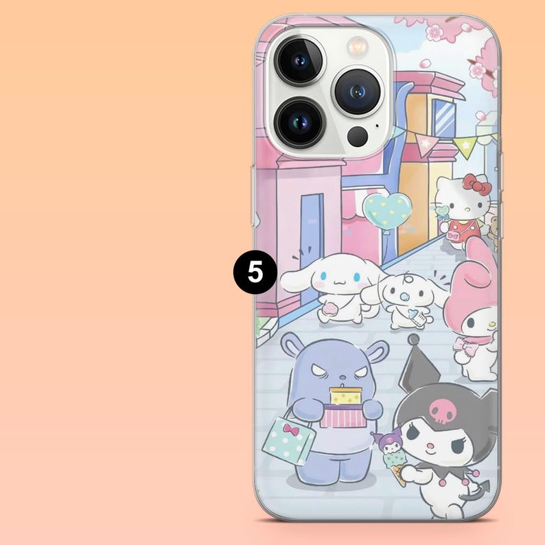 Puede incluir: Funda de tel&eacute;fono transparente con una colorida escena de dibujos animados con varios personajes. La funda tiene un fondo azul claro con edificios rosas, flores de cerezo y una variedad de personajes de dibujos animados. El n&uacute;mero 5 est&aacute; impreso.