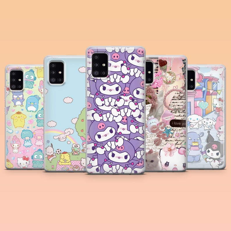 Puede incluir: Una colecci&oacute;n de cinco fundas para tel&eacute;fonos con dise&ntilde;os de personajes de dibujos animados coloridos. Las fundas presentan varios personajes en tonos de rosa, azul, morado y amarillo. Las fundas est&aacute;n hechas de un material brillante.