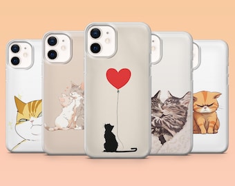 Cat Art Phone Case Cute Kitty Drawing Cover for iPhone 17 Pro, 16, 15, 14, 13, 12 Samsung S25, S24, S23, S22, A56, A55, Pixel 10 Pro, 9, 8