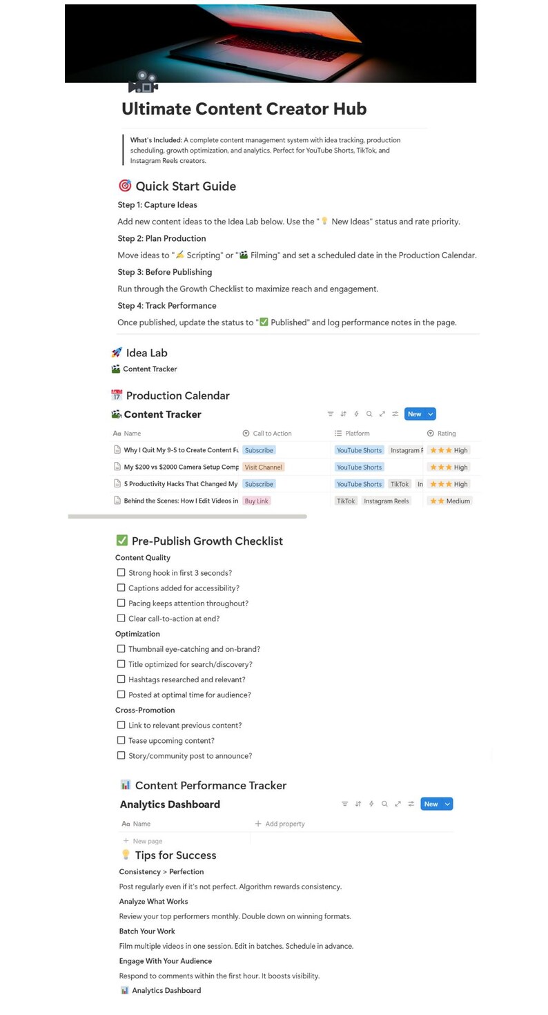 Ultimate Content Creator Hub | Notion Template for Youtube Shorts ...