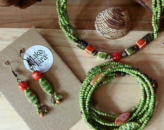 Mango and Kiwi Summer Set: Green and Orange Beaded Jewellry