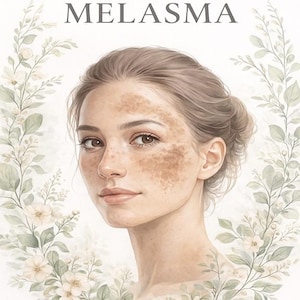 Puede incluir: Retrato de una mujer con cabello y piel castaños, que presenta zonas de decoloración cutánea. La palabra "MELASMA" está impresa en gris sobre la cabeza de la mujer. El retrato está rodeado por una corona floral con flores blancas y hojas verdes.