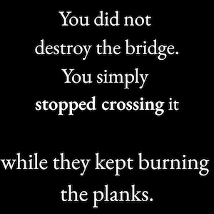 May include: A black background with white text. The text reads: "You did not destroy the bridge. You simply stopped crossing it while they kept burning the planks."