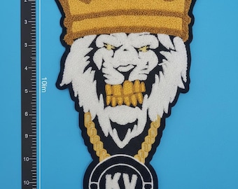 Parche de chenilla con forma de león grande - Parche dorado y negro para chaqueta universitaria - Textura de toalla bordada personalizada