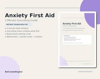 Anxiety First Aid Printable PDF | 2-Minute Grounding Guide | Calming Script + 5-4-3-2-1 Worksheet + Pocket Cards