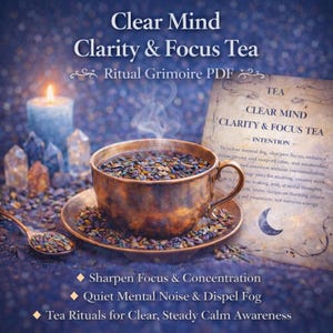 May include: A steaming cup of tea sits on a saucer, surrounded by crystals and a lit candle. The image features text that reads "Clear Mind Clarity & Focus Tea" and "Ritual Grimoire PDF". A spoon of tea and a handwritten note are also visible.