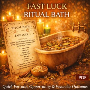 May include: An image promoting a Fast Luck Ritual Bath. The scene includes a vintage-style bathtub filled with ingredients, a handwritten recipe, candles, and a small wooden bowl. Text on the image reads "Fast Luck Ritual Bath" and "Quick Fortune, Opportunity & Favorable Outcomes."