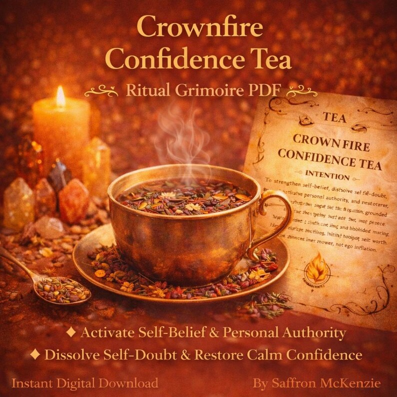 May include: A steaming cup of Crownfire Confidence Tea in a gold-colored cup and saucer. The image includes a spoon filled with tea leaves, a lit candle, crystals, and text that reads "Activate Self-Belief & Personal Authority" and "Dissolve Self-Doubt & Restore Calm Confidence."