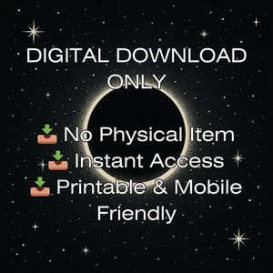 K&ouml;nnte beinhalten: Grafik f&uuml;r digitalen Download auf schwarzem Hintergrund mit wei&szlig;en Sternen. Der Text lautet "NUR DIGITALER DOWNLOAD" &uuml;ber einem kreisf&ouml;rmigen Design. Darunter befinden sich drei Textzeilen: "Kein physischer Artikel", "Sofortiger Zugriff" und "Druckbar & Mobilfreundlich."