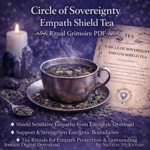 May include: A silver teacup and saucer filled with tea, with steam rising. The image includes a lit candle, crystals, a spoon of tea leaves, and a document with text: "Circle of Sovereignty Empath Shield Tea". The text also includes "Shield Sensitive Empaths" and "Instant Digital Download".