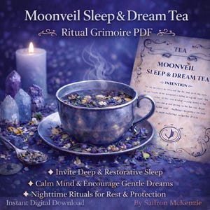 May include: A silver teacup and saucer filled with herbal tea, with steam rising. The image includes a lit candle, crystals, and a document with the text "Moonveil Sleep & Dream Tea." Text on the image includes "Invite Deep & Restorative Sleep."