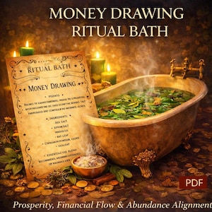 May include: An image promoting a money drawing ritual bath. The image features a vintage-style bathtub filled with herbs, a handwritten scroll with instructions, candles, and a small bowl of ingredients. The text on the scroll includes ingredients like sea salt and Epsom salt.