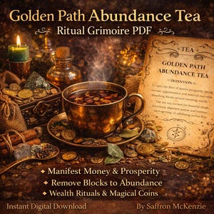 May include: An image promoting "Golden Path Abundance Tea" with text overlay. A steaming cup of tea sits on a saucer surrounded by coins and herbs. The image includes a lit candle, a small wooden box, and a scroll with text. The text includes "Manifest Money & Prosperity".