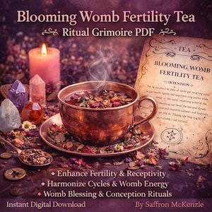 May include: A copper cup of Blooming Womb Fertility Tea sits on a saucer, with steam rising. A lit pink candle, crystals, and a spoon of herbs are nearby. Text on the image reads "Blooming Womb Fertility Tea" and "Ritual Grimoire PDF".