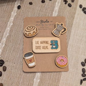 Coffee Lovers Pack Magnet Gift Set - Handpainted Coffee Latte Moki Pot Cinnamon Bun Donut Espresso