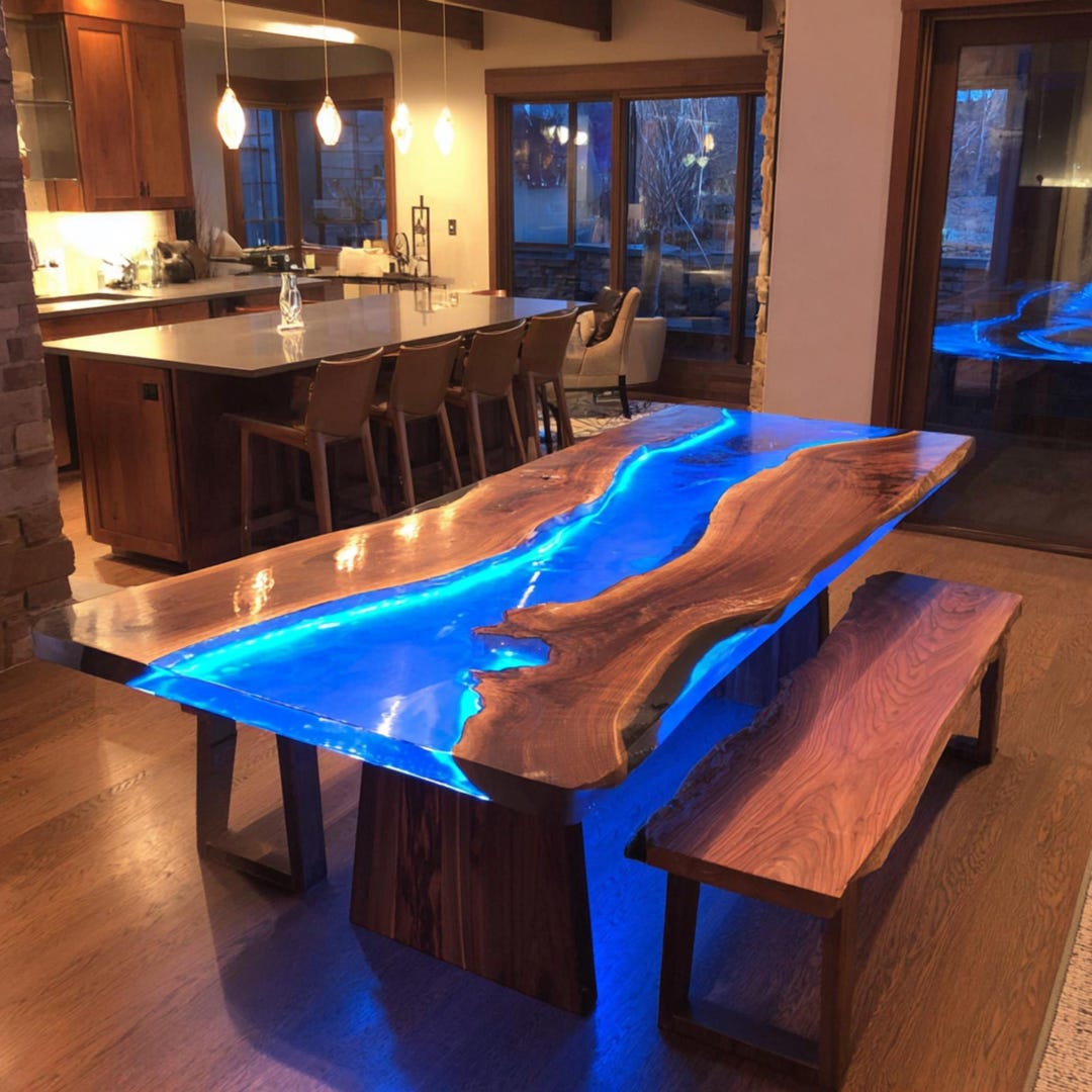 Live Edge Epoxy Dining Table – Custom Walnut Wood River Design - Etsy
