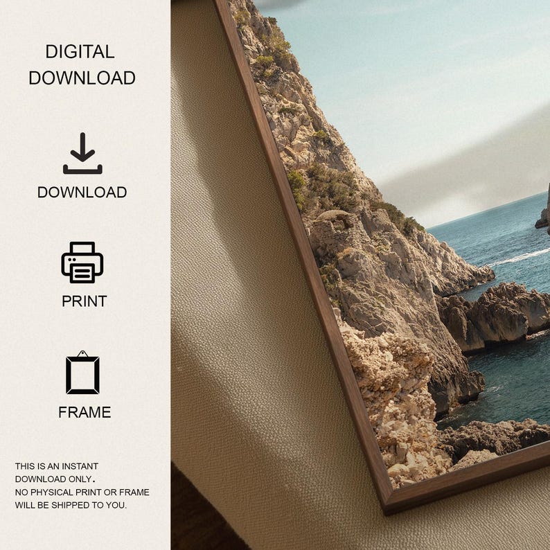 May include: A framed print featuring a coastal landscape with rocky cliffs and turquoise water. The print is in a dark wood frame. Text on the left side indicates this is a digital download, with options to download, print, and frame.
