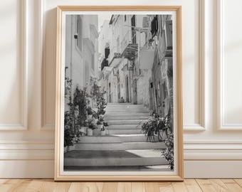 Mediterranean Staircase Black and White Photography, South Italian Old Town Wall Art (Digital Download)