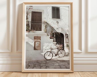 Italian Street Photography Print, Ostuni White Town Wall Art, Puglia Village Bicycle Photo