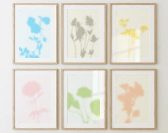 Set of 6 Botanical Shadow Prints, Pastel Floral Gallery Wall Art (Digital Download)