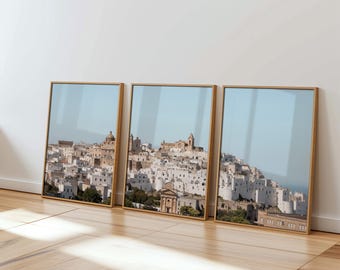 Italian White Architecture Set of 3 Prints, Ostuni Landscape Photography Gallery Wall