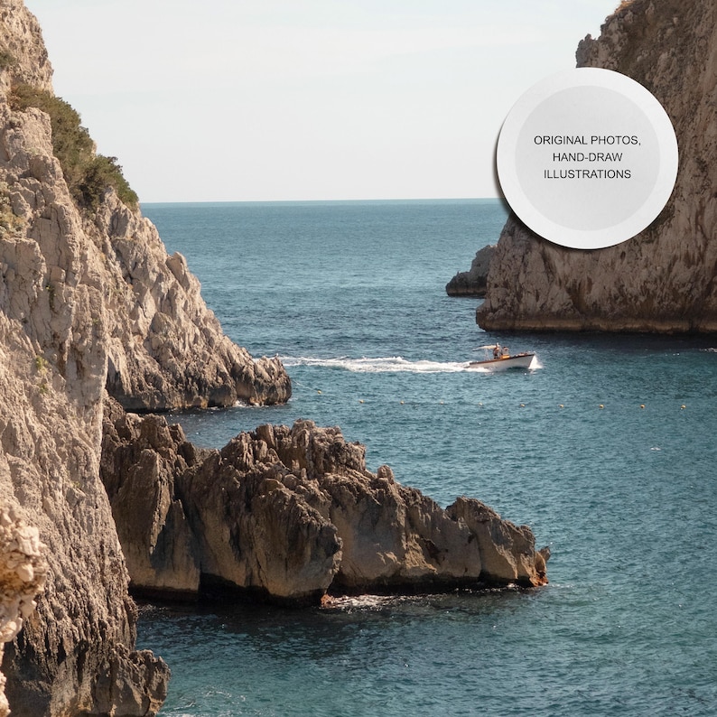 May include: A scenic coastal view featuring a small boat cruising on turquoise water between rocky cliffs. The image includes the text "ORIGINAL PHOTOS, HAND-DRAW ILLUSTRATIONS" in a white circle.