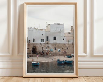 Italian Coastal Harbor Print, Neutral Mediterranean Seaside Photography (Digital Printable)