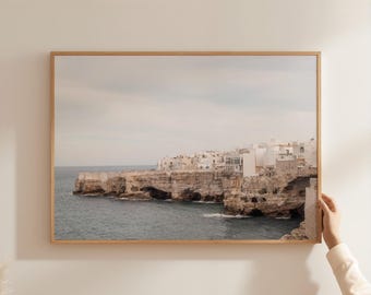 Coastal Cliffside Italian Town Print, Mediterranean Seaside Photography (Digital Download)