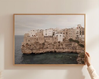 Seaside Cliffside Italian Town Print, Mediterranean Coastal Photography (Digital Download)