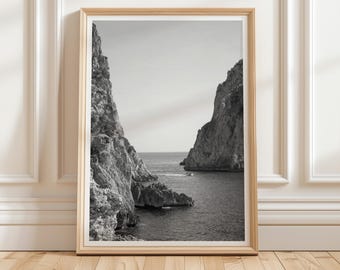 Capri Coast Cliff Print, Minimal Boat Black and White Photography (Digital Download)