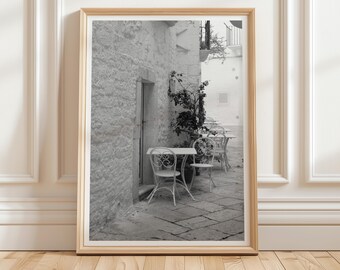 Italian Café Black and White Photography, Mediterranean Street Wall Art (Digital Printable)