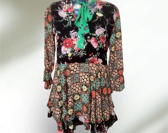 NWOT Buffalo David Bitton bow neck floral black patchwork print dress