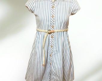 Blue & white striped cotton dress with belt